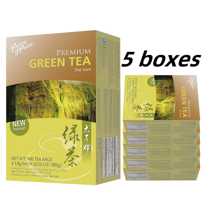 5 Boxes Premium Green Tea, 100 Tea Bags Each Box -Prince of Peace