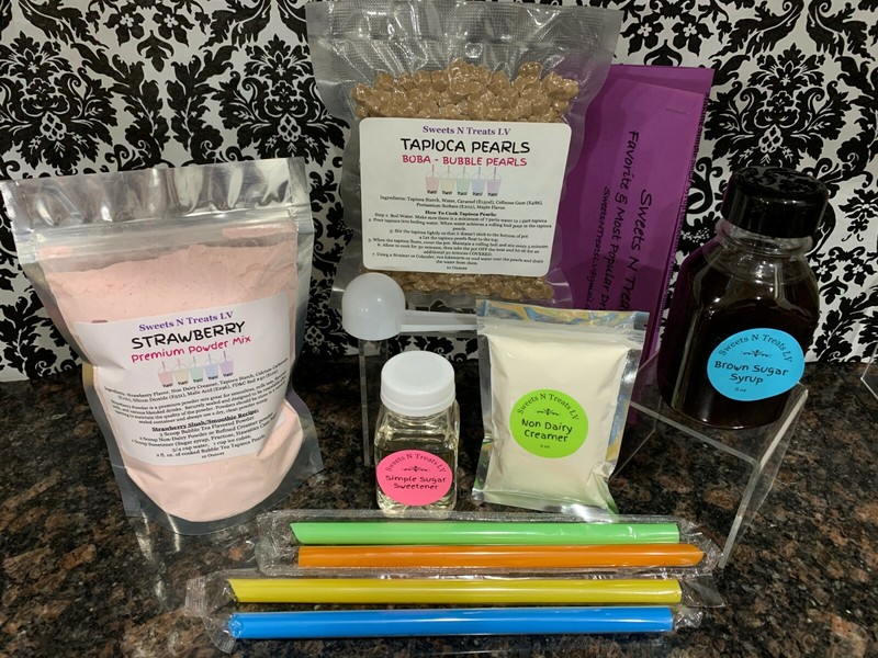 STRAWBERRY Powder Boba Bubble Tea Tapioca Pearls Brown Sugar Syrup DIY KIT New gallery