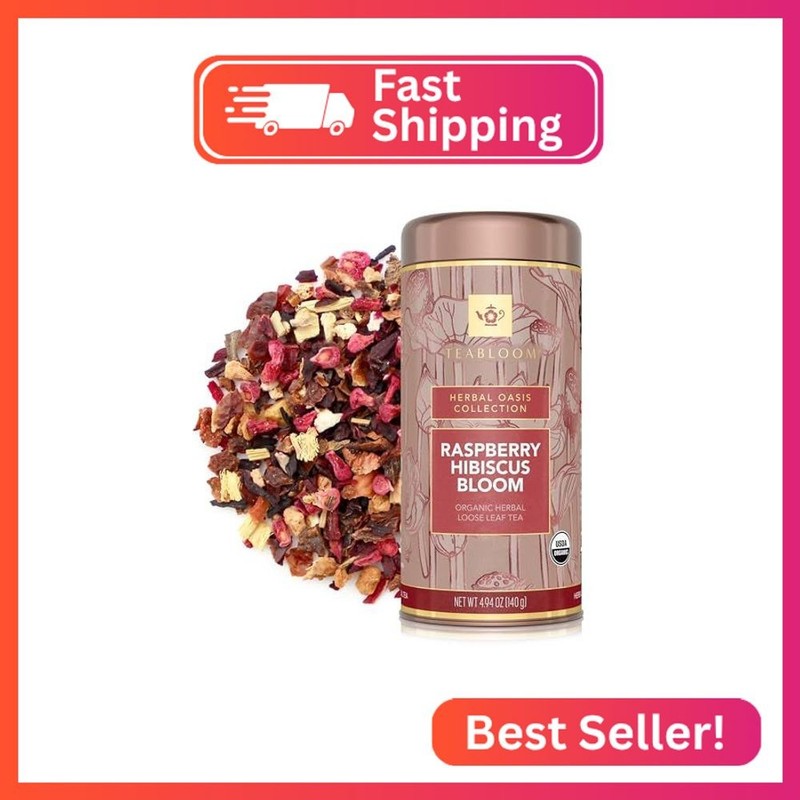 Teabloom Organic Herbal Tea, Raspberry Hibiscus Bloom Loose Leaf Tea, Fragrant a