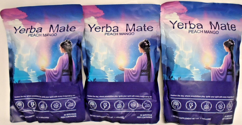 3 Packs Yerba Mate Peach Mango Instant Tea Powder 30 Servings Each Exp. 05-27