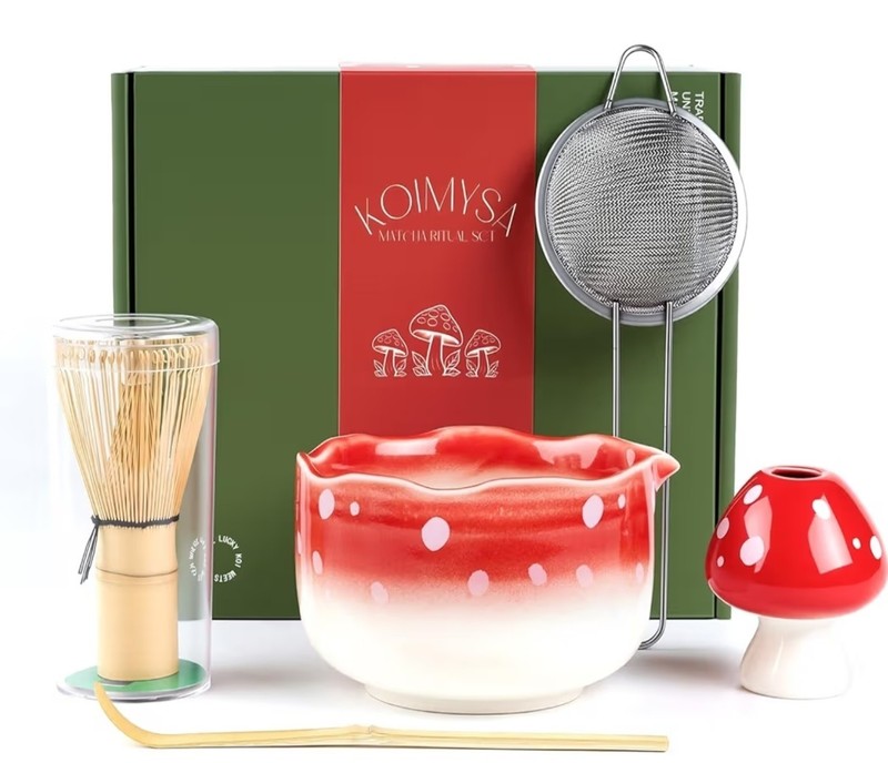 Cute Matcha Set With Mushroom Design Bowl And Whisk Holder, Unique Japanese