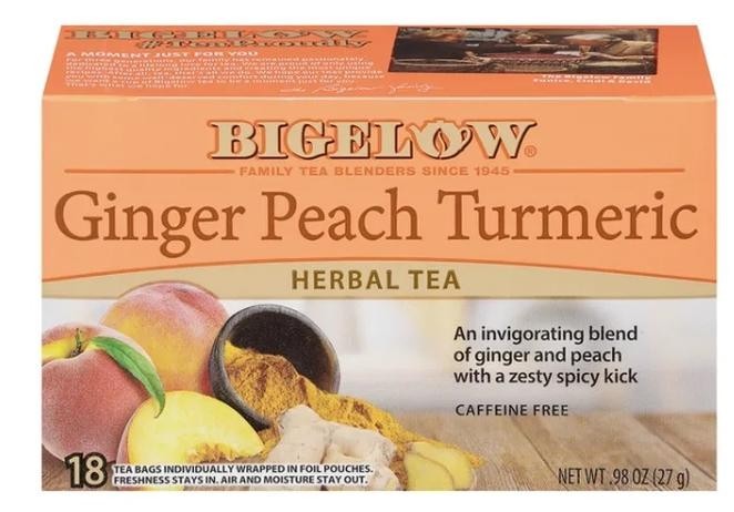 Bigelow Ginger Peach Tumeric Tea Caffeine Free, Herbal 18 Bags Zesty
