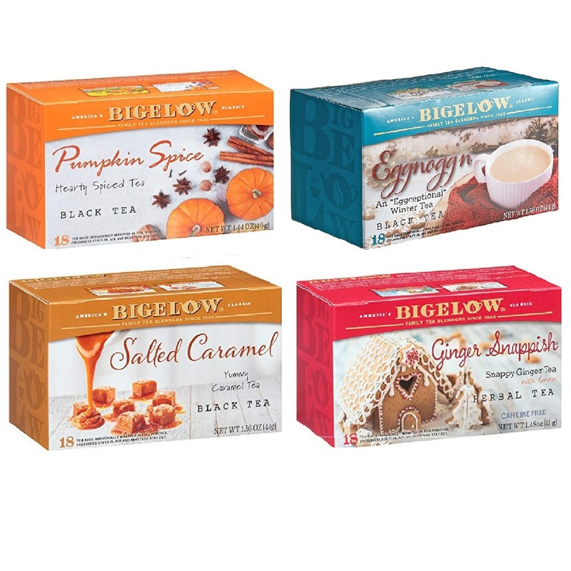 Bigelow Tea Bundle: Gingerbread, Pumpkin Spice, Salted Caramel, Eggnogg (4 Pack)