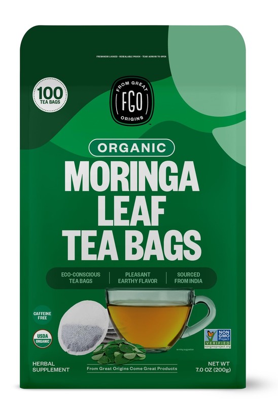 FGO Organic Moringa Tea, 100 Count, Eco-Conscious Tea Bags, Resealable Bag, C...