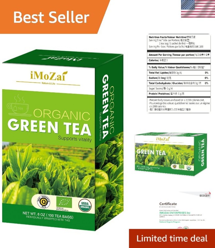 Enjoy Refreshing Organic Green Tea – 100 Individually Wrapped Bags for Daily Use
