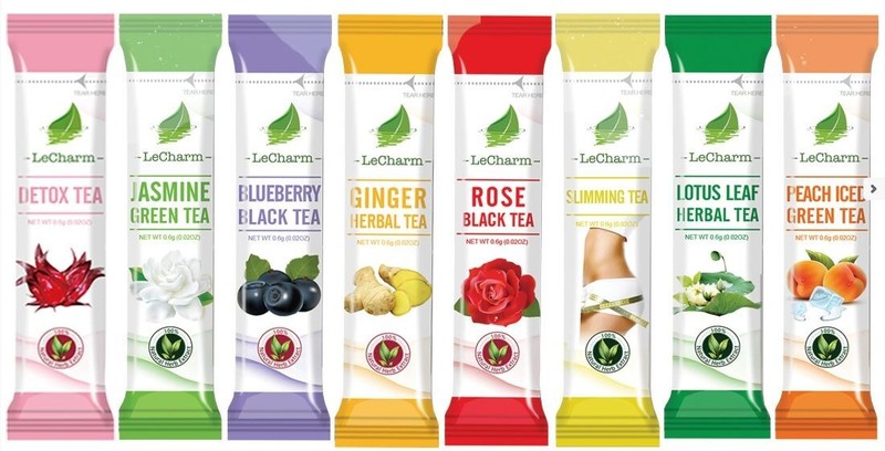 LeCharm Powder Tea 8-Flavor Premium Pack: Natural Herbal Detox Black Green Fruit