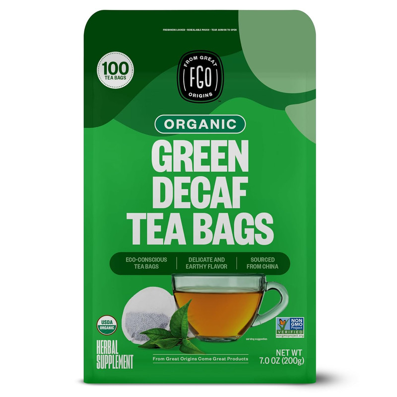 FGO Organic Decaf Green Tea Bags, Caffeine Free, Eco Resealable Bag, 100 ct
