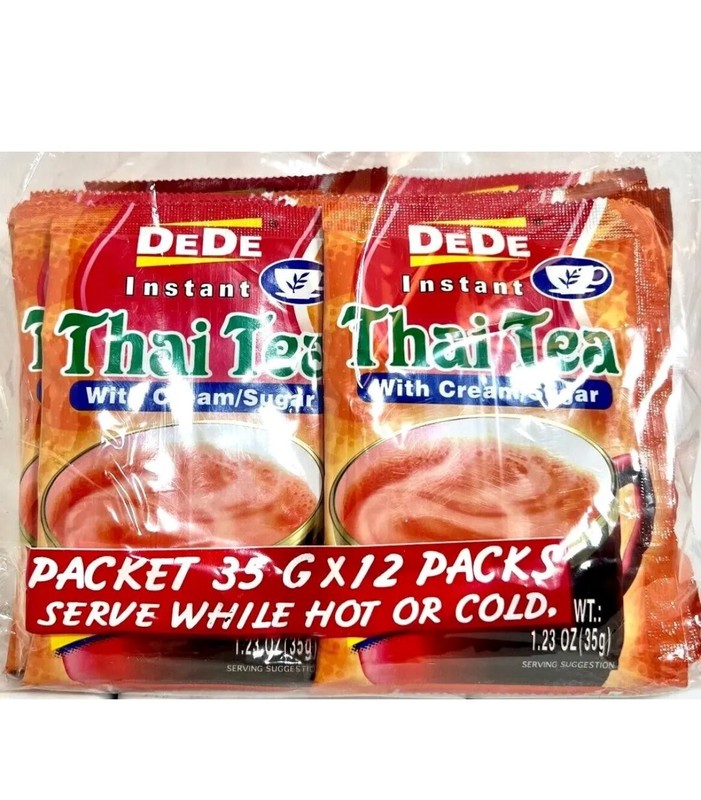 DEDE 3-In-1 Instant Thai Tea with Cream+Sugar Serve Hot or Cold 12 Sachets x 35g