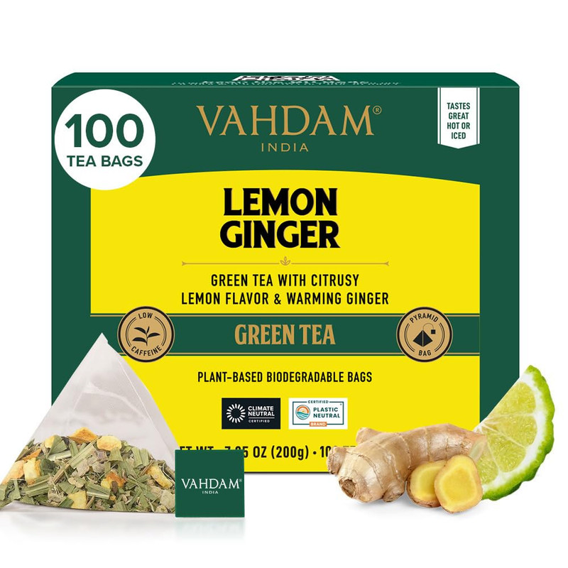 , Lemon Ginger Tea Bags (100 Green Tea Bags) Low Caffeine | Fruity Flavor – Zest