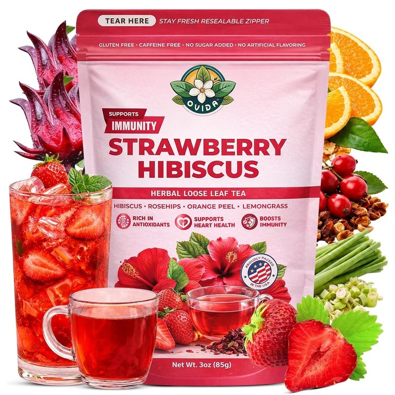 Strawberry Hibiscus Tea, Caffeine-Free Antioxidant Herbal Blend, Loose Leaf 3oz,