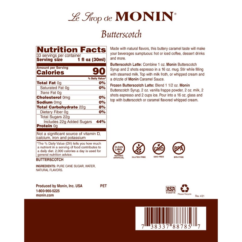 Monin Butterscotch Syrup - Bottle (1L), H-Butterscotch, 1.0L gallery