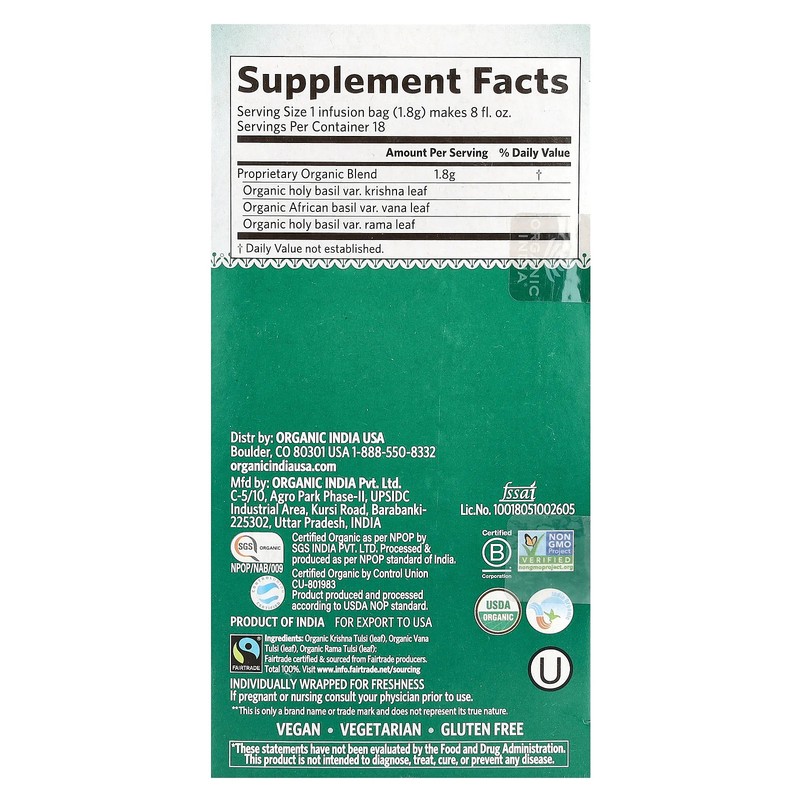 Tulsi Tea, Original, Caffeine-Free, 18 Infusion Bags, 1.14 oz (32.4 g) gallery