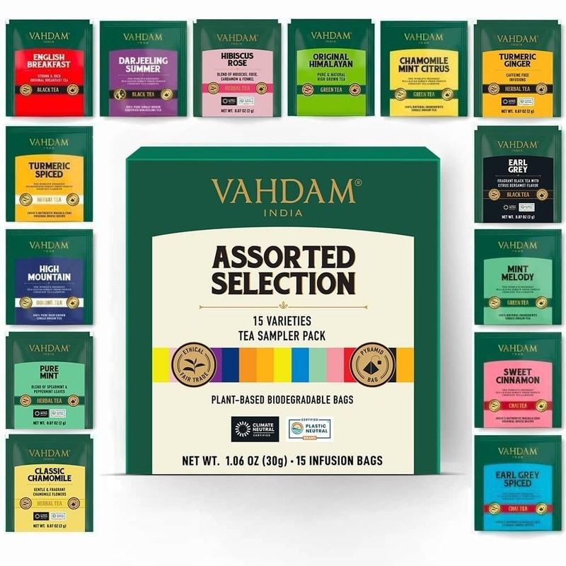 Sustainably Sourced Assorted Tea Sampler - 15 Unique Flavors in Pyramid Bags gallery