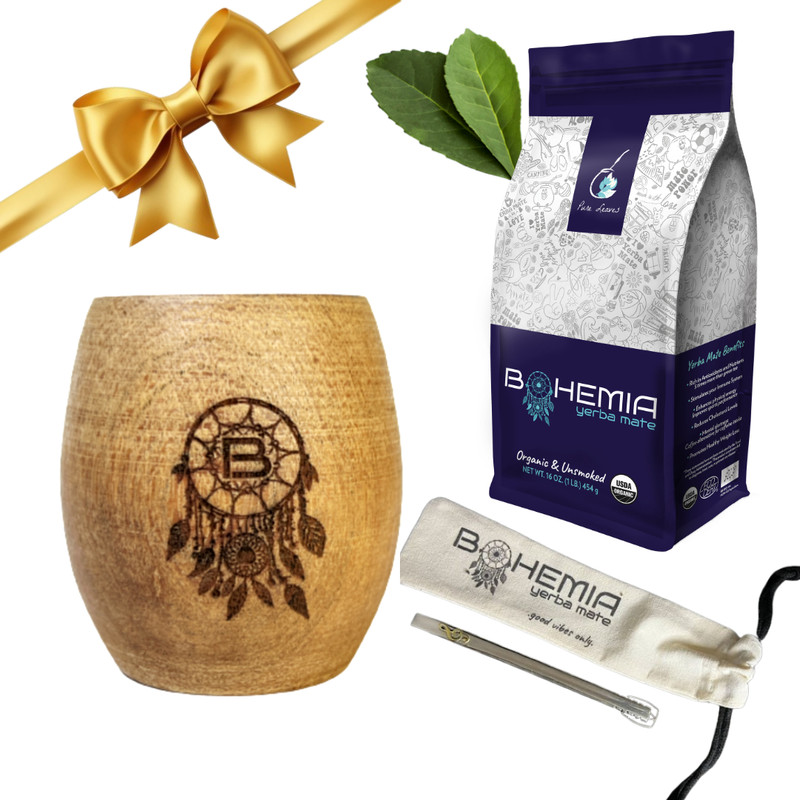 Full SET Yerba Mate Carob Cup Gourd + Handmade Straw + 1lb Organic Yerba Mate