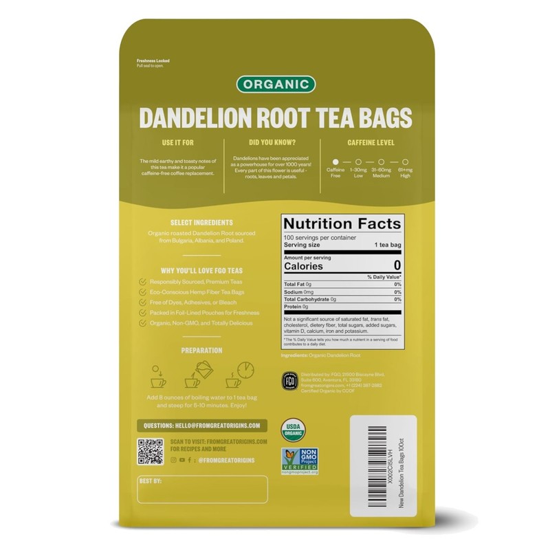 Resealable Dandelion Root Tea – Caffeine Free, 100 Count