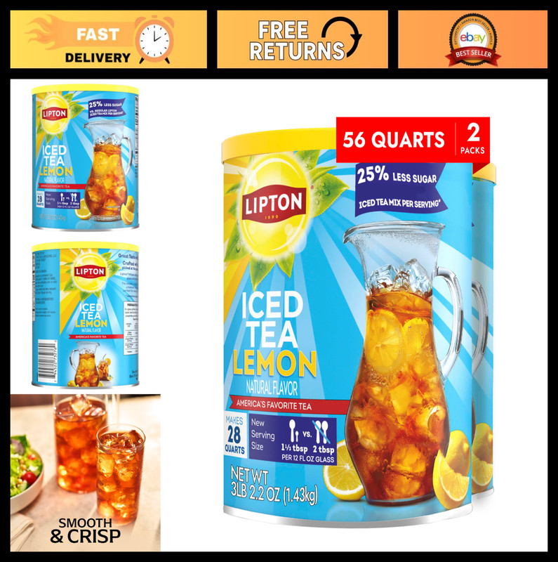 Reduced Sugar Lemon Iced Tea Mix – Makes 28 Quarts, Pack of 2 – Refreshing Bever