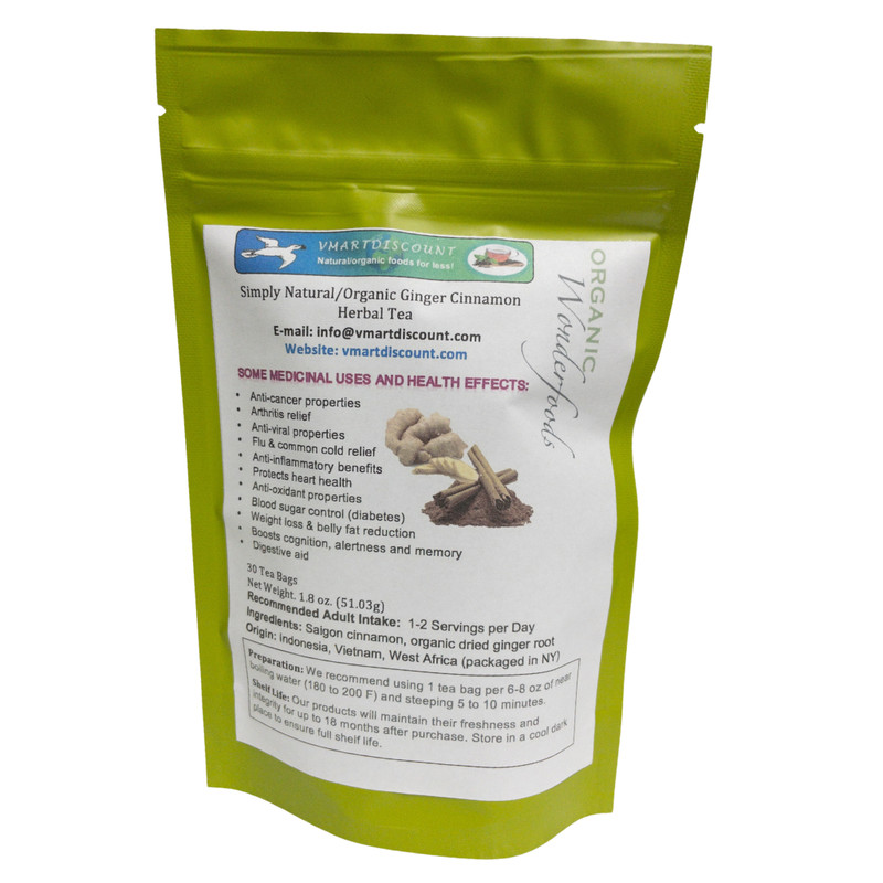 Ginger Cinnamon Herbal Tea (Te de Jengibre y Canela) 30 Tea Bags, Heart Health