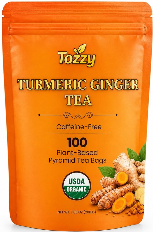 Tozzy Organic Turmeric Ginger Tea – 100 Count, PlantBased Pyramid Tea Bags – …