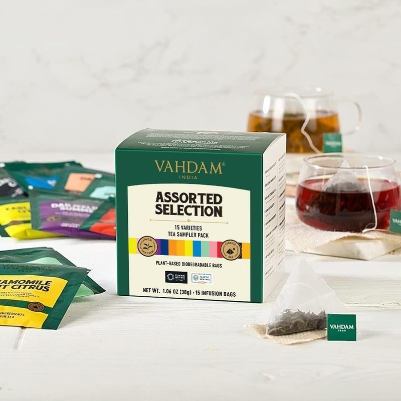 Sustainably Sourced Assorted Tea Sampler - 15 Unique Flavors in Pyramid Bags gallery