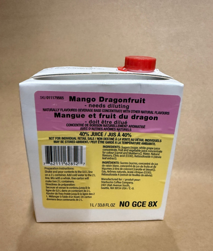 Starbucks Mango Dragonfruit Beverage Base, 1 Liter, BB 7/30/26