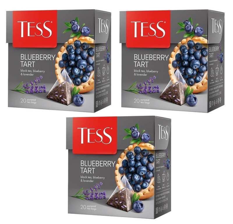 3 x TESS BLUEBERRY TART Black Tea LAVENDER PYRAMIDS Made in Russia RF NO GMO
