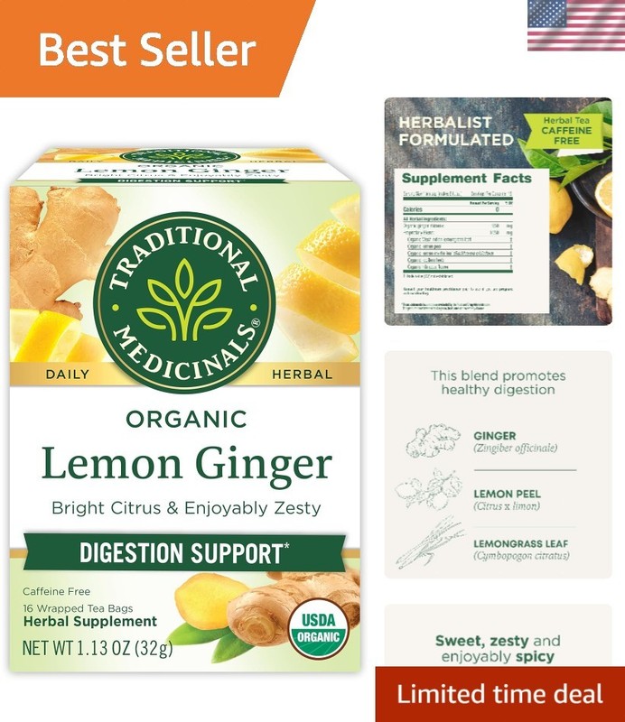 Organic Lemon Ginger Tea – 16 Count, Caffeine-Free Herbal Infusion for Digestion
