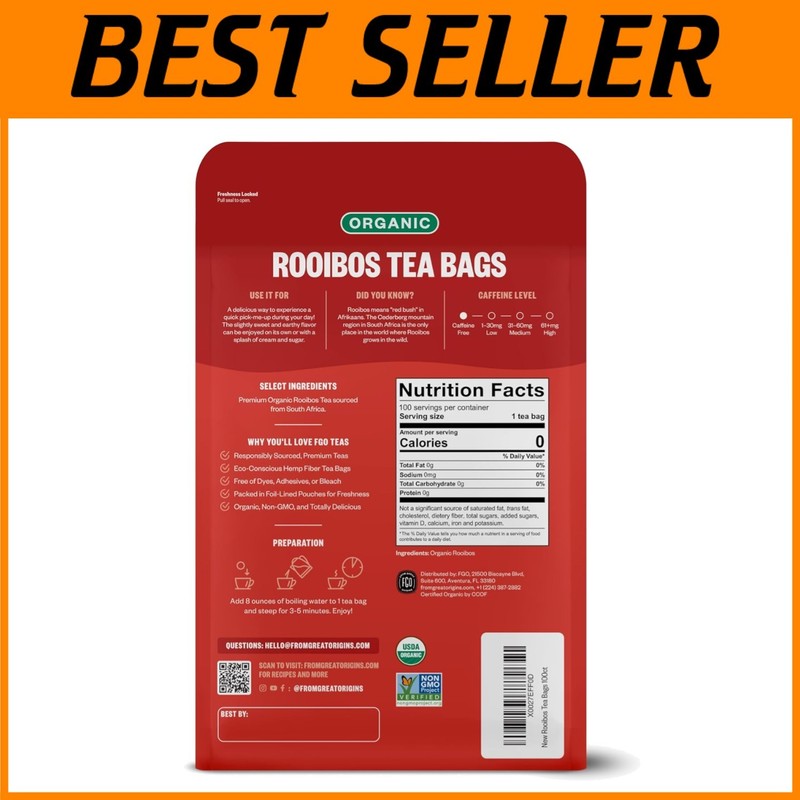Organic Rooibos Tea Bags, 100 Count, Digestion Support
