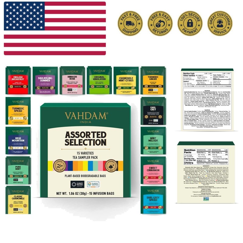 Assorted Tea Sampler 15 Different Variety in Individually Wrapped Pyramid Tea…