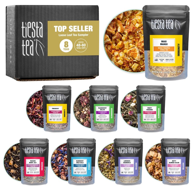 Tea Sampler Set: 8 Loose Leaf Varieties, 80 Cups, High to No Caffeine, Hot & …