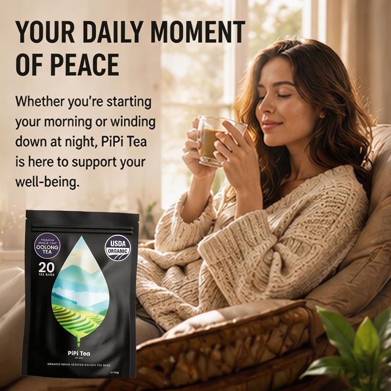 PiPi Tea Organic Oolong Tea Bags - Whole Leaf, 20 Bags (4g Each) - Cortisol &Ca1 gallery