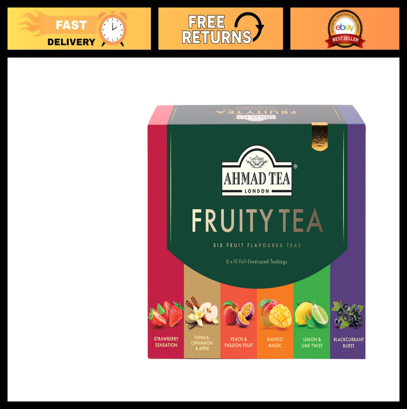 Fruity Tea Assorted Sampler Gift Box – 60 Caffeinated Foil Teabags, Black & Gree