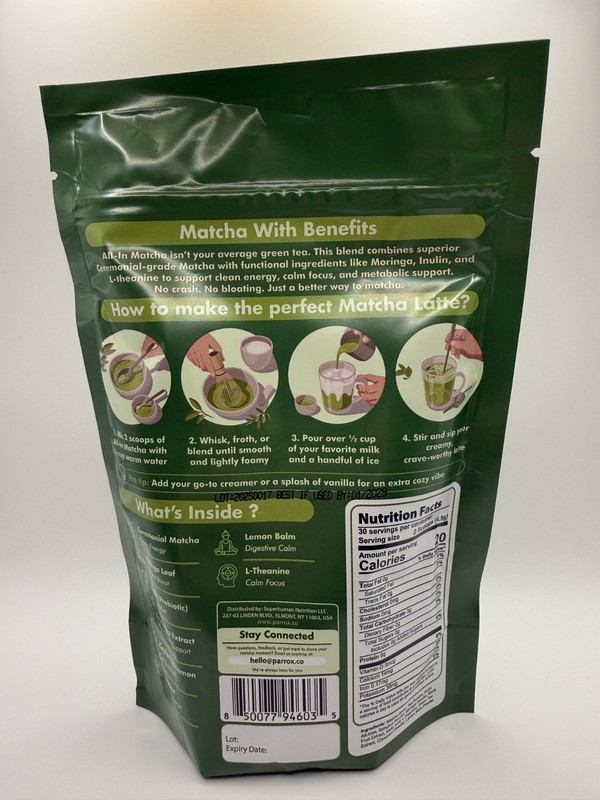 Parrox All-In Matcha Ceremonial Grade Powder Vegan Zero Sugar 4.76oz 30 Servings gallery