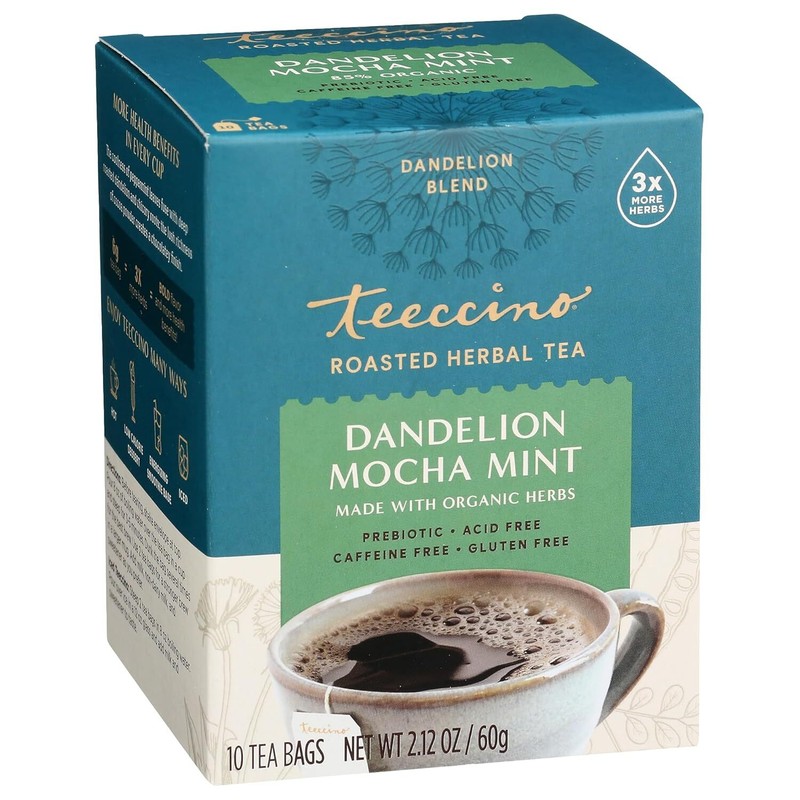 Teeccino Roasted Herbal Tea Dandelion Mocha Mint 10 Bag