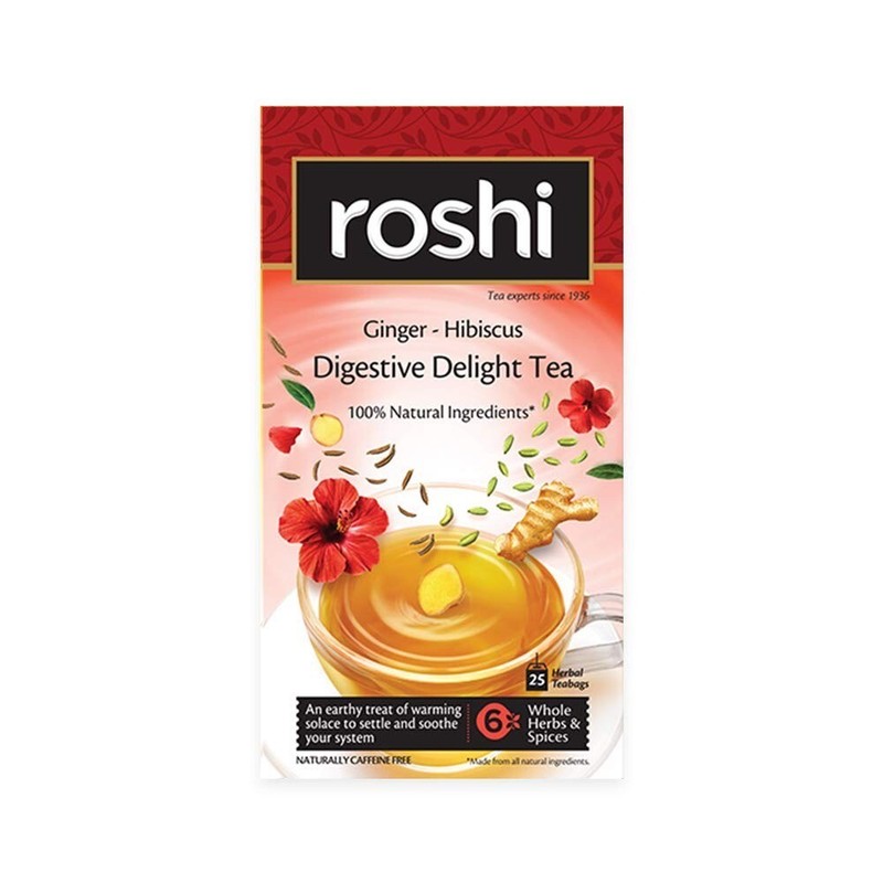 Roshi Digestive Delight Tea 25 Teabags with Hibiscus Ginger, Saunf Ajwain
