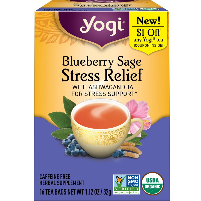 Yogi Tea – Blueberry Sage Stress Relief (4 Pack) 64 Organic Herbal Tea Bags