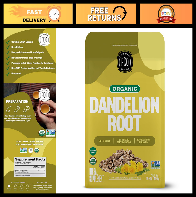 Organic Dandelion Root Loose Tea – Caffeine Free, 16oz Bulk Resealable Bag