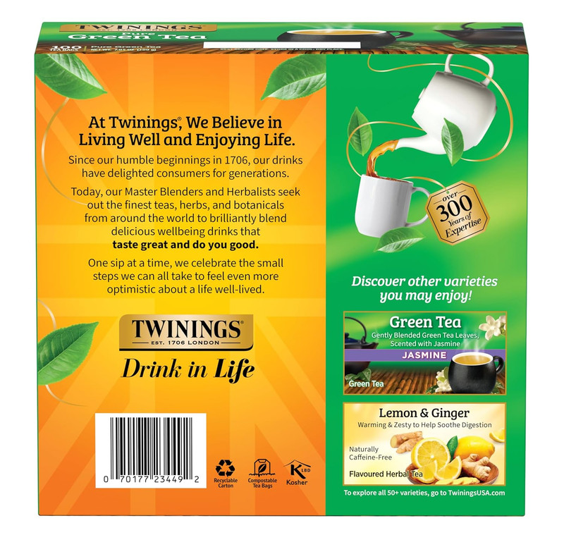 Pure Green Tea Individually Wrapped Bags, 100 Count (Pack of 1), Smooth & Refres gallery