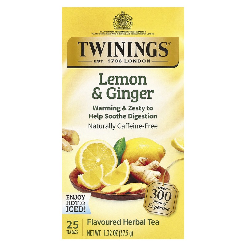 Flavoured Herbal Tea, Lemon & Ginger, Caffeine Free, 25 Tea Bags, 1.32 oz (37.5