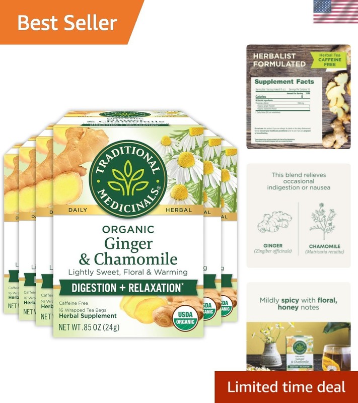 Natural Digestive Support – Organic Ginger & Chamomile Tea – 96 Count Pack of 6