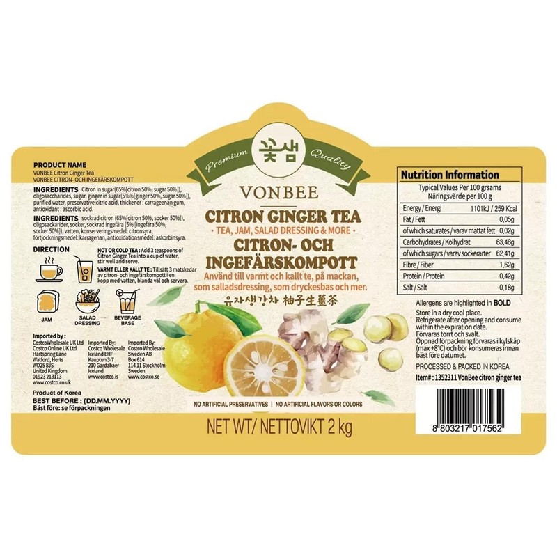 Vonbee Citron & Ginger Tea Jam Spread Salad Dressing Yuja syrup 2kg gallery