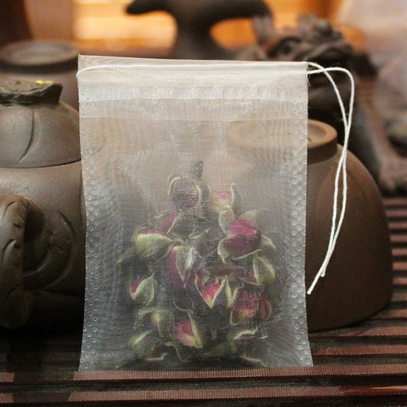 100 Pcs Reusable Drawstring Tea Bags Nylon Tea Filter Bags for Coffee Spices gallery