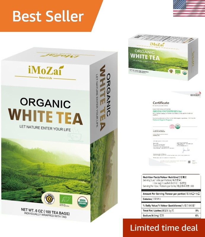 USDA Certified Organic White Tea Bags – 15-20mg Caffeine, Individually Wrapped
