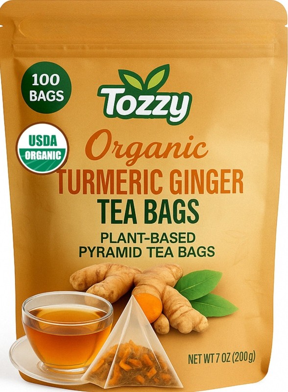 Organic Turmeric & Ginger Tea Bags 100 Count Plant-Based Pyramid Tea Bags