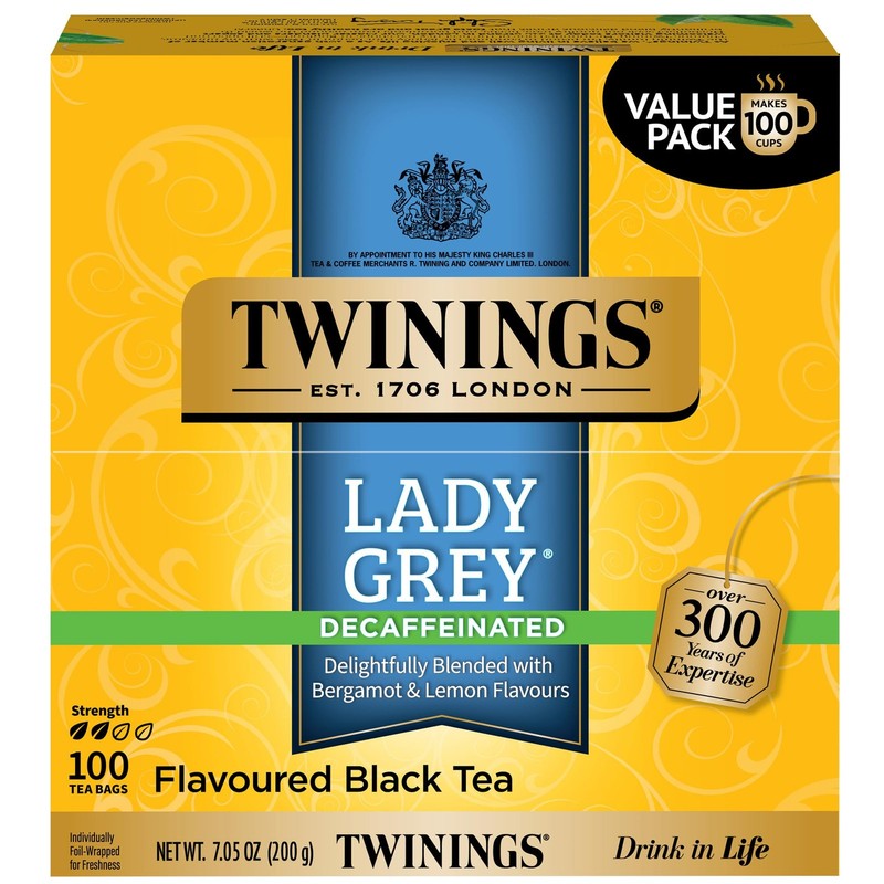 Twinings Decaffeinated Lady Grey Black Tea Individually 100 Count (Pack of 1)