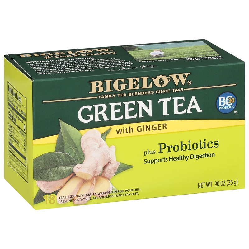 Green Tea with Ginger Plus Probiotics, Caffeinated Tea with Ginger, 18 Count Box