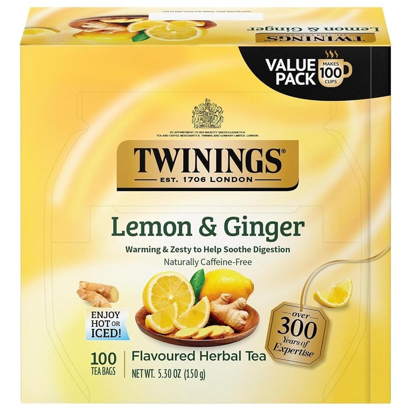 Twinings Lemon & Ginger Herbal Tea Individually Wrapped Bags, 100 Count (Pack of