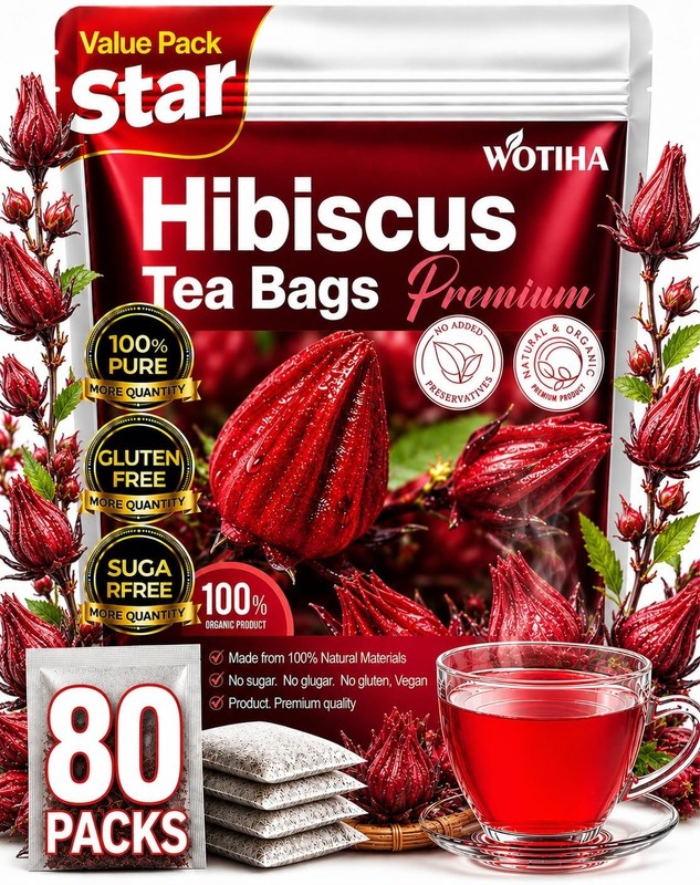 Premium 80 Hibiscus Flowers Tea Bags, 100% Natural, Handmade & Pure from Hibi