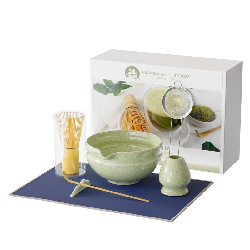 Matcha Whisk Set 7pc Ceramic Tea Kit Bowl Sifter Scoop Cloth Gift