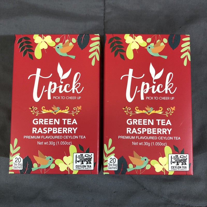2 PACK t-PICK GREEN TEA RASPBERRY Ceylon Tea 20 Bags Per Box , 40 Tea Bags Total