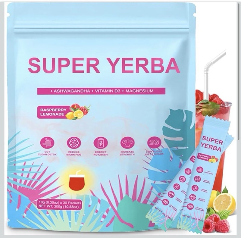 Super Yerba Ashwagandha Raspberry Lemonade – 30 Packets, Energy + Brain + Gut